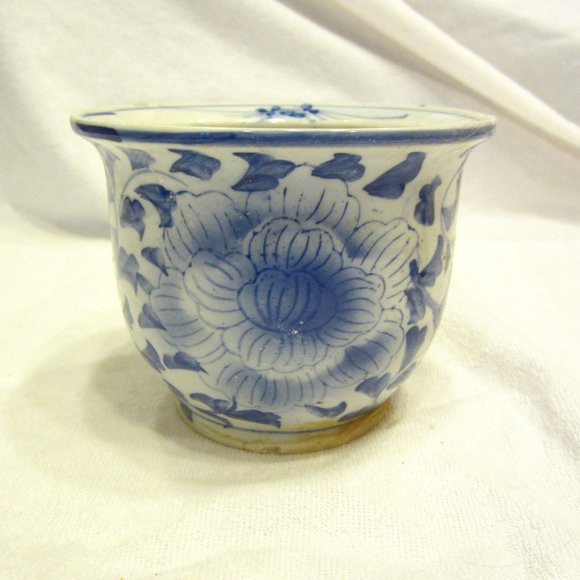 VTG CHINESE BLUE & WHITE JARDINIERE FLOWER POT, HAND PAINTED - Picture 1 of 7